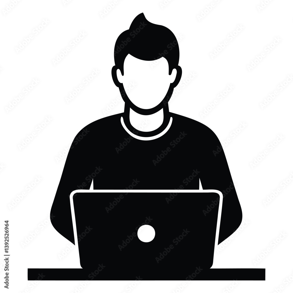 Man working on laptop computer. Man Working on Laptop Icon - Computer User Silhouette Man working on laptop computer. Man Working on Laptop Icon - Computer User Silhouette