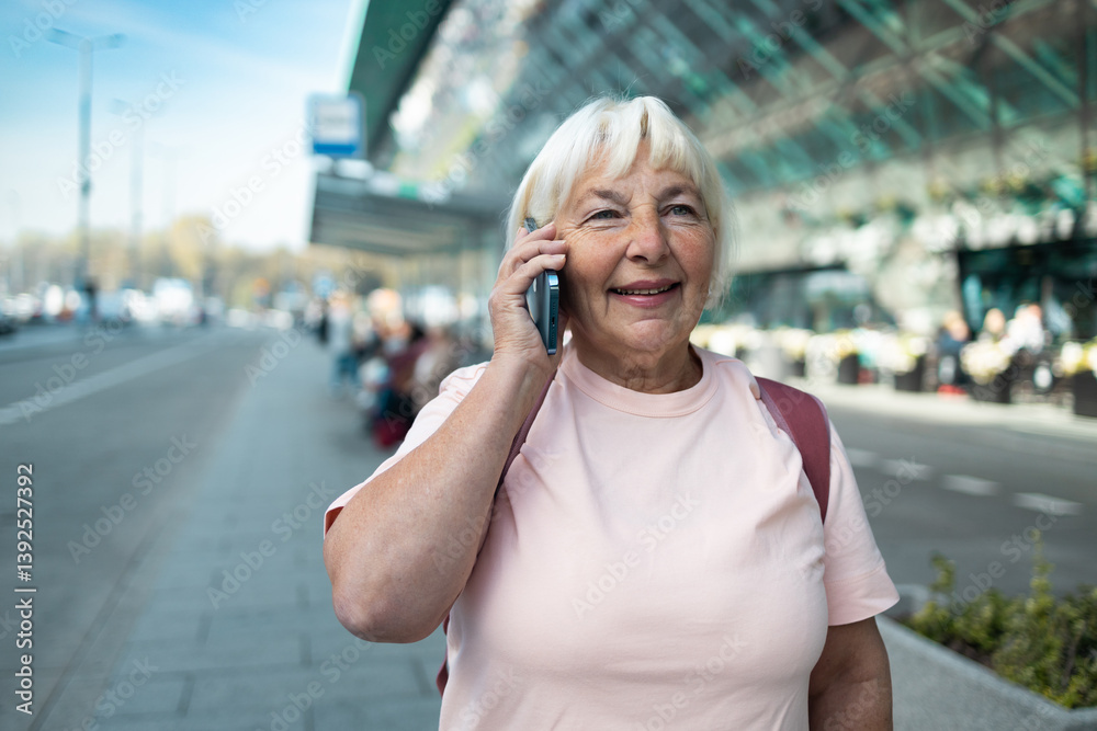 Senior woman is standing outside the airport terminal, talking on the phone with a smile. The bright sunshine highlights her joy as she stays connected while traveling. Her casual outfit matches the