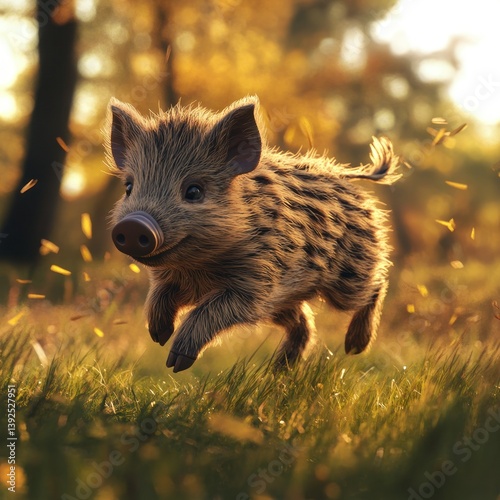 Cute wild piglet running through autumnal forest