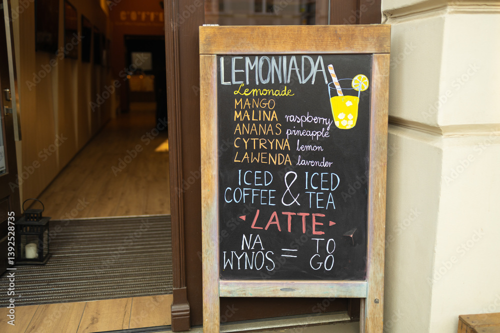 Chalkboard outside a café displaying a menu with a selection of refreshing drinks including lemonade flavors and iced coffee varieties. Great for food, beverage, or cafe business promotions