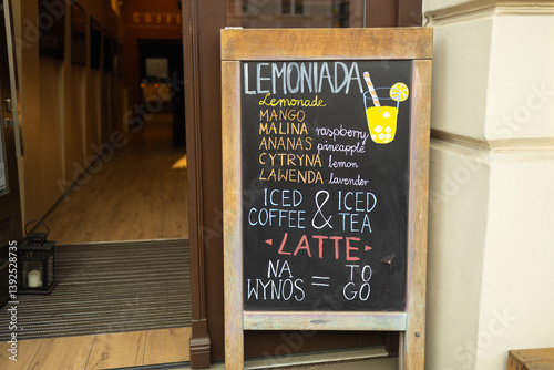 Obraz na płótnie Chalkboard outside a café displaying a menu with a selection of refreshing drinks including lemonade flavors and iced coffee varieties. Great for food, beverage, or cafe business promotions w salonie