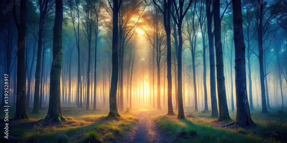 Naklejka premium Mysterious forest at dusk , trees, solitude, trees, solitude, dark woods, misty, dramatic, eerie atmosphere