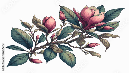 A blooming magnolia branch on a white isolated background. Color vector illustration. EPS.