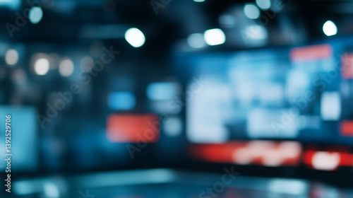 Blurred view of a news studio with screens and lights creating a bokeh effect in the background