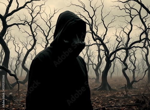 an image of a man in a hoodie standing in a forest, there is a man in a hoodie standing in a forest photo