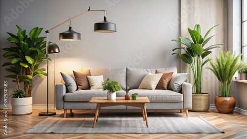 Cozy modern living room with a plush couch and floor lamp, surrounded by minimalist decor and plants , interior design, comfortable furniture