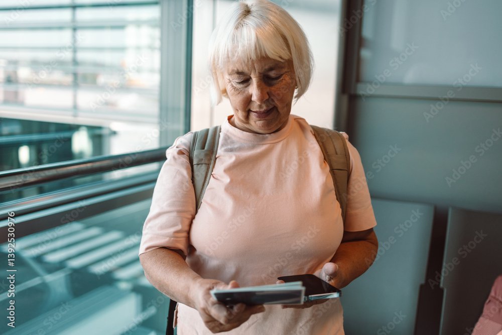 A senior woman smiles while holding her smartphone in the airport terminal. She stands in front of the large glass windows of the terminal, awaiting her flight. The modern airport interior is visible.