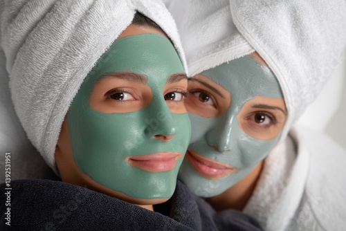 At the spa, two girls are relaxing while wearing face masks