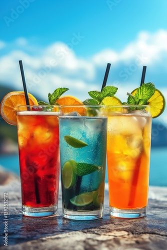 Colorful tropical cocktails with citrus and mint on a sunny summer beach day

