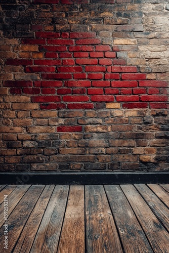 Weathered red brick wall with aged wooden floor in industrial vintage style

