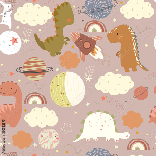 Seamless pattern with dino, space sheap, stars, planets, clouds. Hand drawn kids pattern with animals and sky.