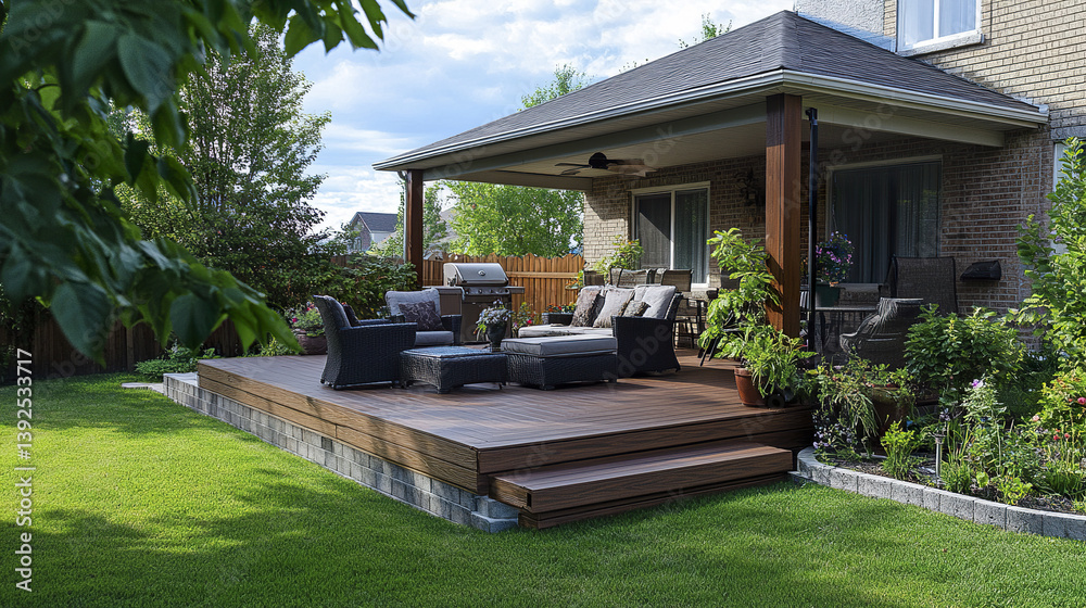 relaxing backyard patio with fresh wooden deck furniture and lush greenery