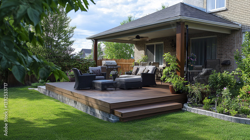 Obraz na płótnie relaxing backyard patio with fresh wooden deck furniture and lush greenery w salonie