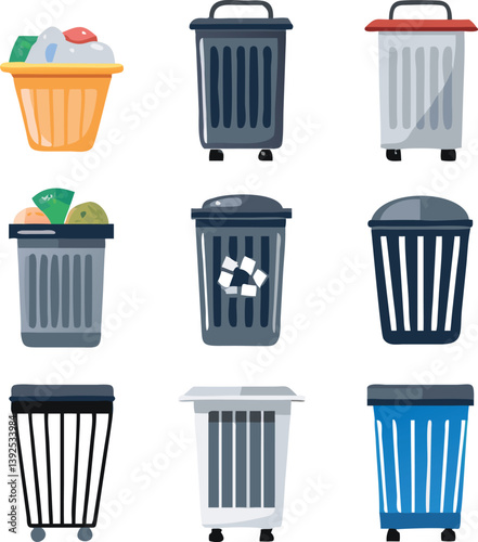 Collection Of Colorful Trash Cans Garbage Bins Waste Management Icons Isolated