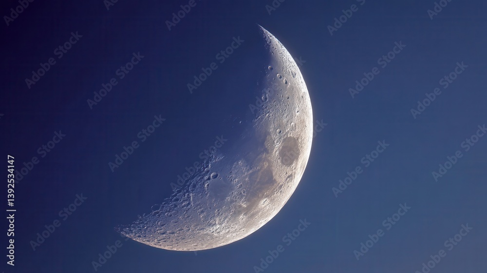 Close up picture of waxing crescent moon in blue sky. Close up picture of waxing crescent moon in blue sky.