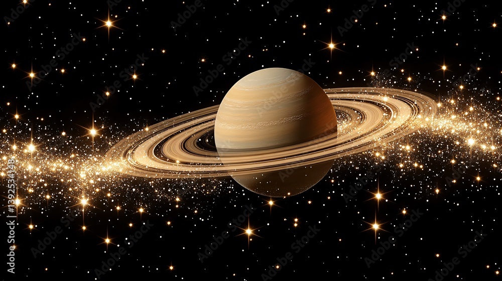 Fototapeta premium Abstract Representation of Saturn Floating Gracefully in a Starry Space with Glimmering Effects