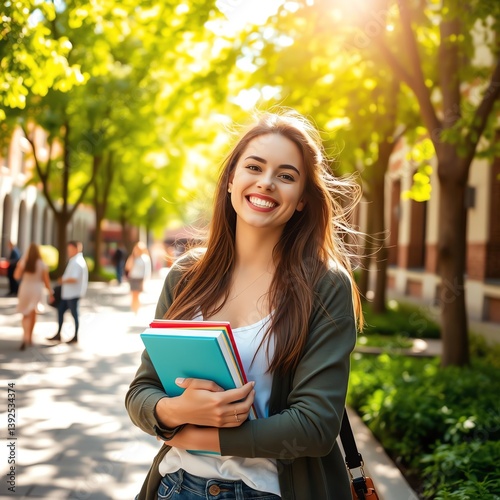 an image of a woman holding a book and smiling, there is a woman that is holding a book and smiling