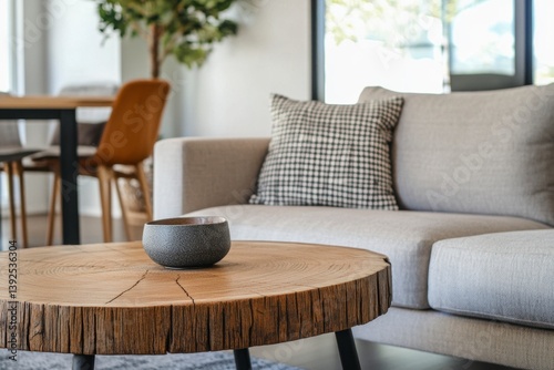 Cozy Living Room with Modern Sofa and Rustic Wooden Coffee Table