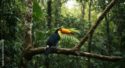 Fototapeta Naklejka Na Ścianę i Meble -  Toucan tropical bird sitting on a tree branch in natural wildlife environment in rainforest jungle