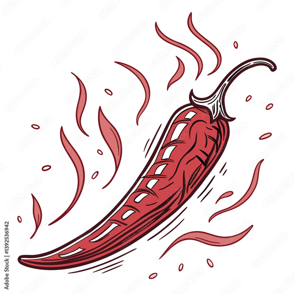 
Pimenta vermelha, ardendo como fogo, flutuando no ar, isolada em fundo branco. Ardido, verdura, legume, tempero. Picante.  