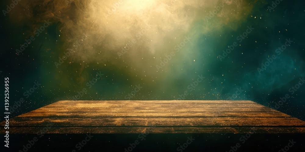 Fototapeta premium A wooden bench is sitting in a dark room with a light shining on it