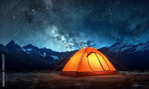 Timelapse of an illuminated tent beneath a starry night sky and Milky Way, showcasing celestial motion over a serene mountain landscape.