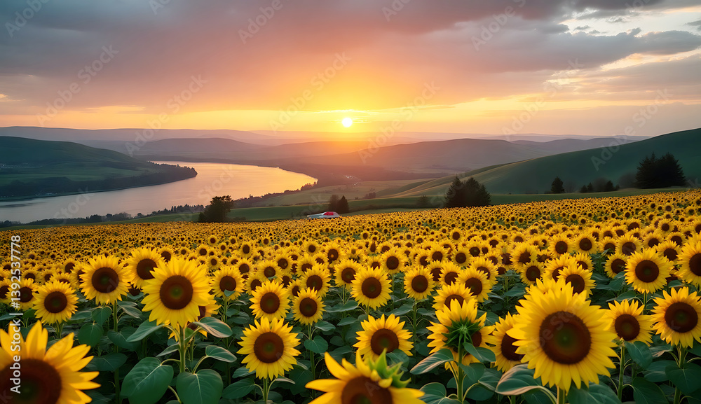 Obraz premium A breathtaking sunflower field at sunset 4K landscape view.