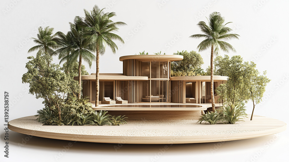 Fototapeta premium modern resort style house surrounded by palm trees and greenery