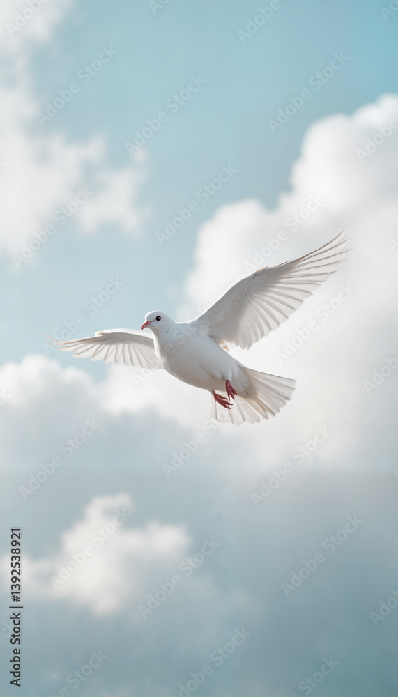 Obraz premium White dove flying in soft cloudy sky