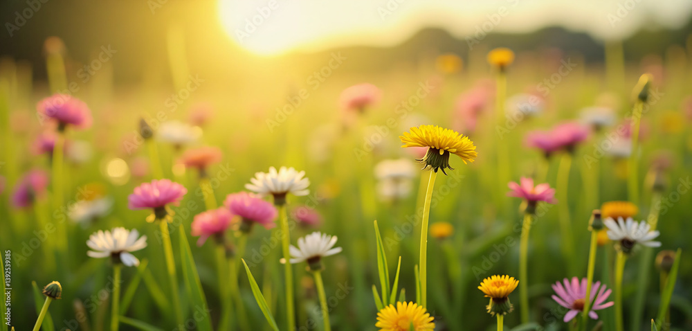 A field of wildflowers with the sun setting in the background. A field of wildflowers with the sun setting in the background.