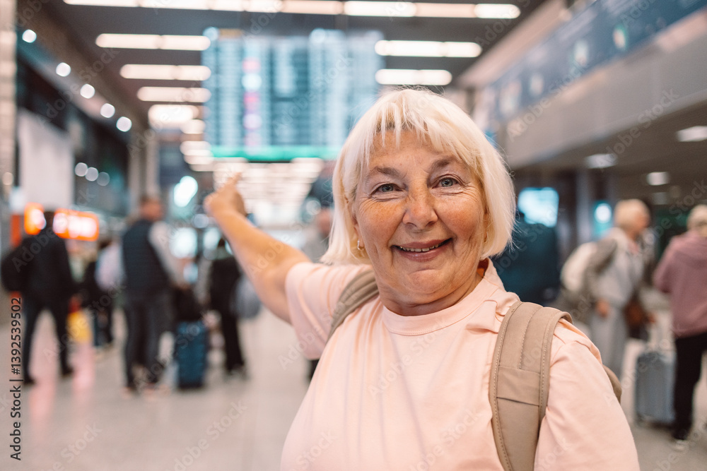 Cheerful elderly woman is pointing at the airport departure board, smiling while surrounded by other travelers. She is excited about her upcoming flight, showcasing the joy of air travel for seniors.