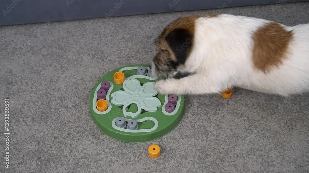 Smart Jack Russell Terrier dog finds dried treats and cheese hidden under cone during mental exercise memory game at home to stimulate brain and provide intellectual development