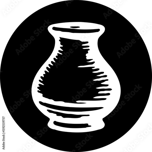 Simple Black and White Illustration of a Ceramic Vase on Circular Background