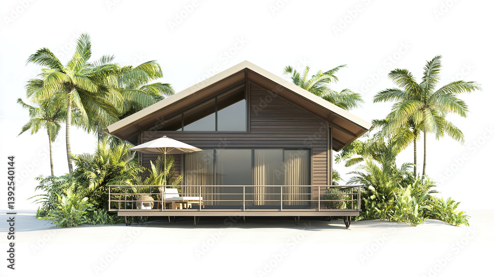 Fototapeta premium Modern resort style house with palm trees and deck on white background