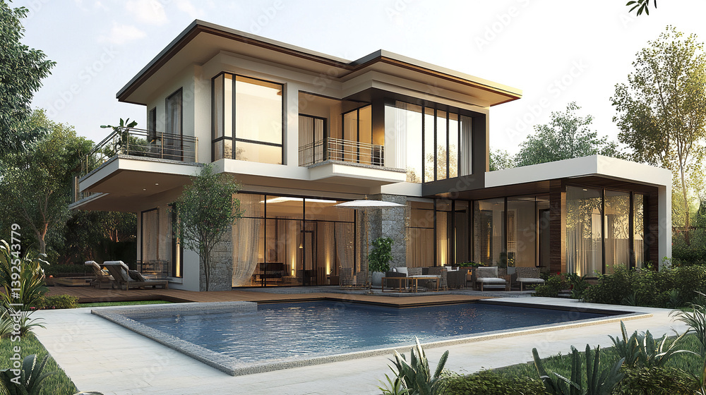 Fototapeta premium Modern two story house with pool and garden, creating serene atmosphere