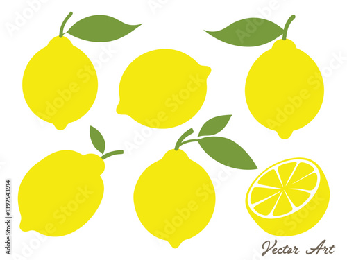 Lemon cut slices vector set, Whole, half and slice chopped lemon fruit flat collection