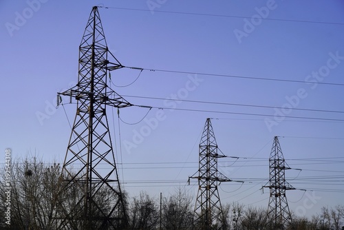 Support poles. High-voltage power lines.
