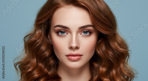 Confident woman with auburn hair on blue background