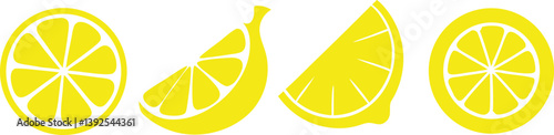 Lemon cut slices vector set, Whole, half and slice chopped lemon fruit flat collection