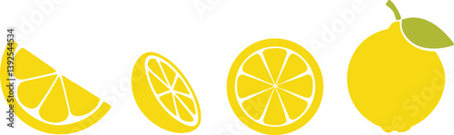 Lemon cut slices vector set, Whole, half and slice chopped lemon fruit flat collection
