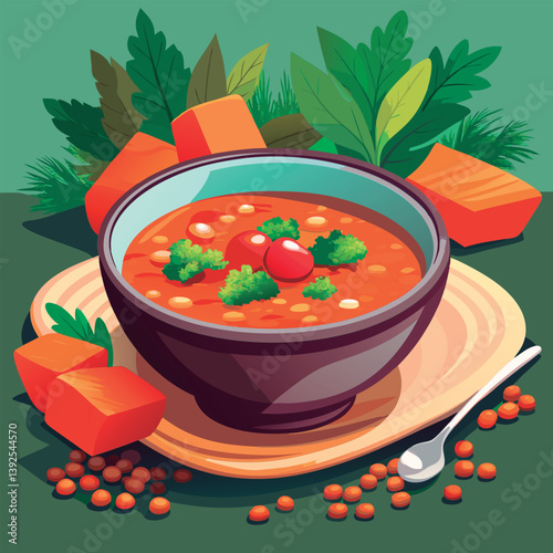 Hearty vegetable soup in a bowl.