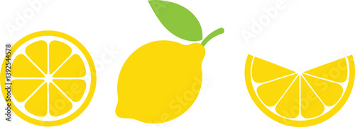 Lemon cut slices vector set, Whole, half and slice chopped lemon fruit flat collection