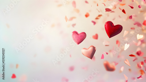 background with floating love notes and soft heart-shaped confetti gently falling against a light pastel background 