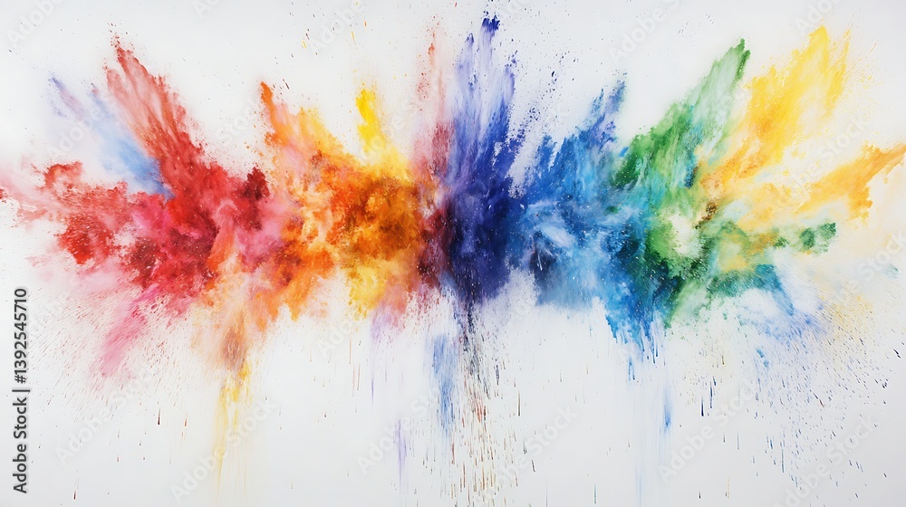 Fototapeta premium Abstract watercolor artwork featuring an explosion of vibrant colors blending harmoniously, showcasing reds, oranges, blues, greens, and yellows on a white background