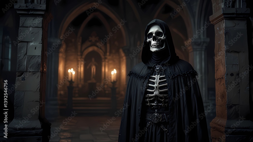A hooded figure with a skull mask stands in a dark gothic hallway with arches A hooded figure with a skull mask stands in a dark gothic hallway with arches
