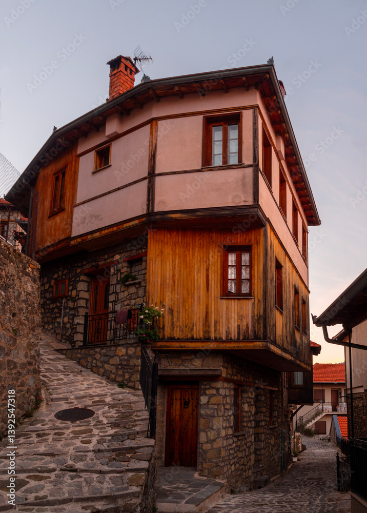 Obraz premium Streets and houses of traditional architecture in the mountain tourist village of Metsovo in the mountains of Epirus in Greece 