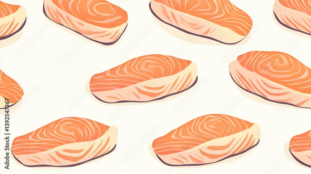 Seamless pattern showcasing delectable salmon fillets, perfect for culinary presentations Seamless pattern showcasing delectable salmon fillets, perfect for culinary presentations