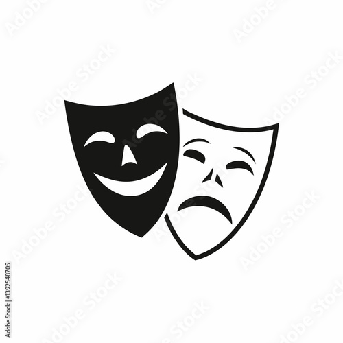 Theater Masks - Comedy and Tragedy Iconic Symbol in Black and White - Vector Graphic