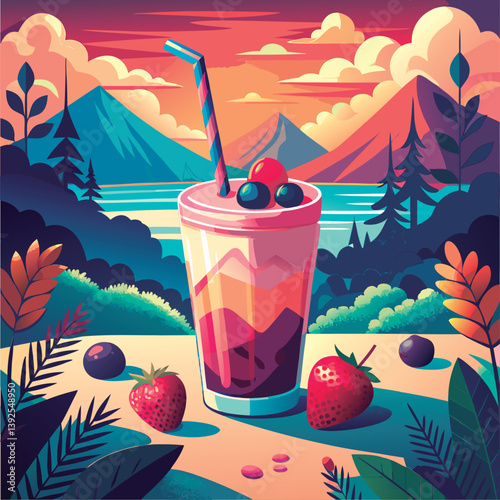 Colorful smoothie by the lake at sunset.