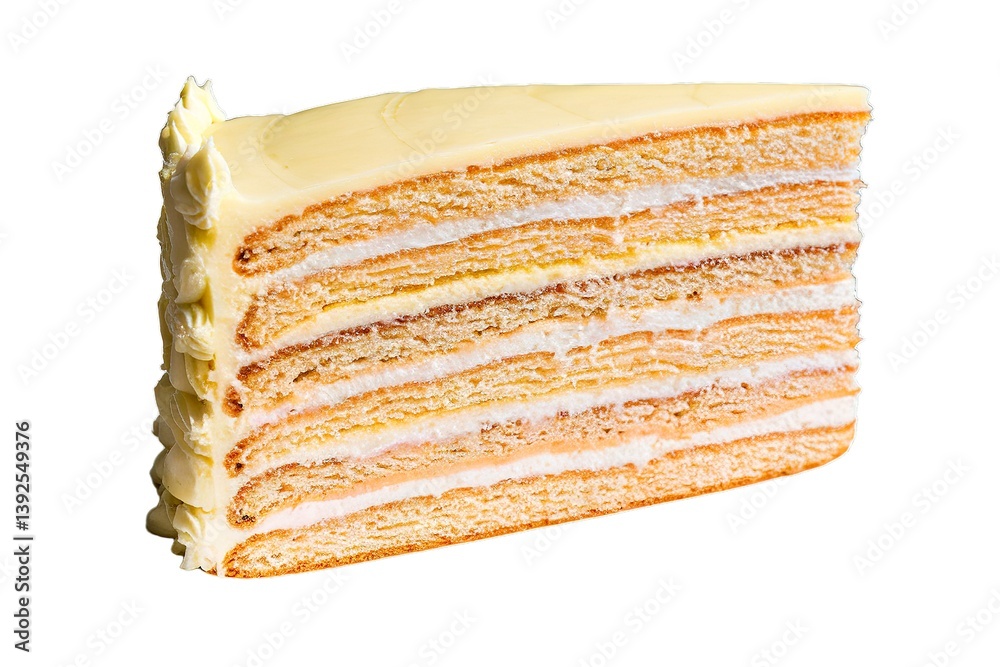 Fototapeta premium A photo of a slice of multi-layered cake with a creamy white filling